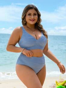 Swim Vcay Set Pakaian Renang Bikini Pantai Musim Panas Wanita Ukuran Besar Warna Polos Bertekstur - Baby Blue - View 3