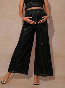 MaterniChic Adjustable Waist Shiny Wide Leg Loose Maternity Pants  Fall Clothes - Black - View 6