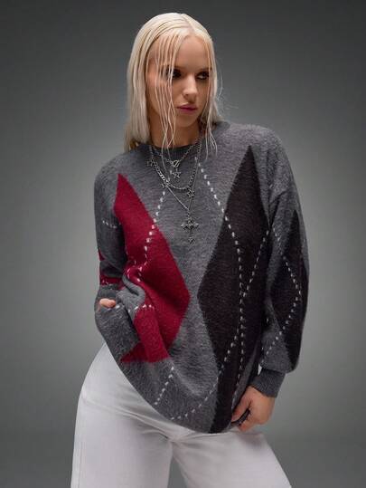 CasuGlow Maglione lavorato a maglia con motivo argyle spazzolato, con motivi a rombi bordeaux e neri su base grigia