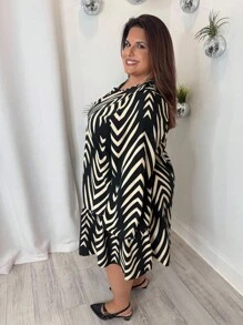 Enliva Robe longue à manches longues, imprimé géométrique confortable et ample, noir ou kaki, pour femmes grandes tailles. Vêtements d'automne et d'hiver, tenues d'hiver, robe cintrée, style bohème, robes élégantes pour femmes, robe de vacances, robe de travail, tenue d'été pour femmes