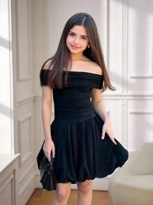 Teen Girls' Casual Elegant Chic Street & Commuting Mixed Solid Off Shoulder Patchwork Lantern Hemline Snug Fit Dress, Black - Black - View 1
