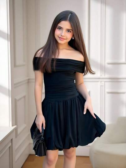 Vestido ajustado casual y elegante para adolescentes, con diseño de hombros descubiertos, parches y dobladillo de farol en estilo urbano y de oficina, color negro