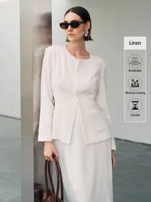 Uhlyne Fall Women Clothes Minimalist Collarless Jacket & A-Line Midi Skirt Linen Suit, Elegant Office Wear - White - View 2