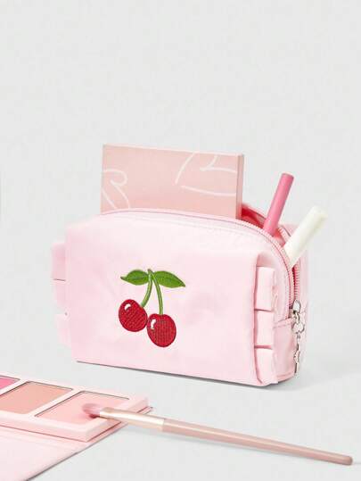 Kawaii Borsa cosmetica portatile con ricamo a ciliegie, rosa