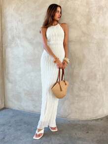 Aloruh Women's Elegant Daily Casual Commuting Vacation Simple Sexy Backless White Dress Office Dress Birthday Party Dress Old Money Style Dress Bodycon Dress Solid Color Round Neck Sleeveless Waist Midi/Long Dress,Boho Clothes Women - White - View 4