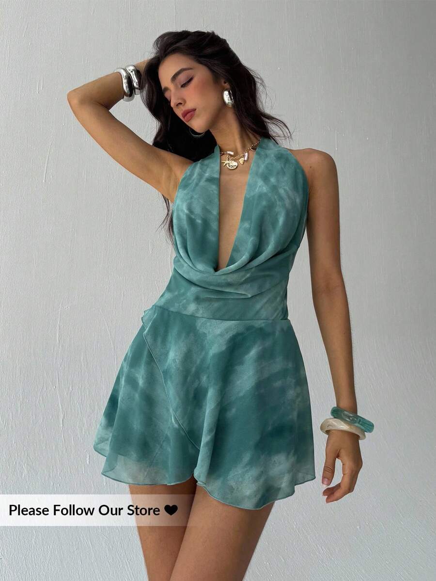 Aloruh Abito mini elegante da donna con collo drappeggiato e stampa tinta unita, abiti estivi da donna, outfit da luna di miele, outfit da vacanza in isola, look Saint John, abiti estivi da donna, abito da invitata a matrimonio, abiti da donna per il sole, abito da vacanza da donna, outfit da club sexy da donna