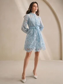 Anewsta Váy sơ mi xanh thêu laser thanh lịch - Xanh và trắng - Xem 4