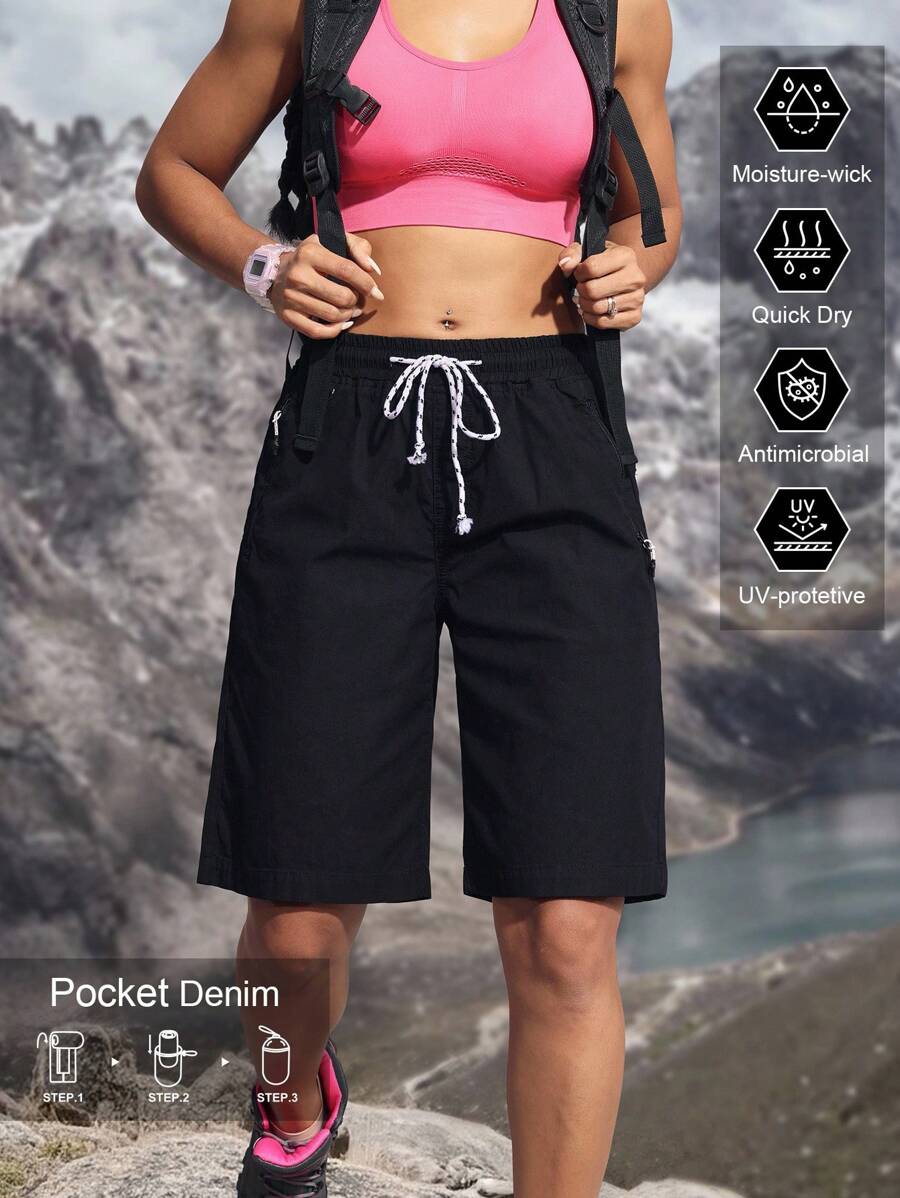 Flexra Women's Drawstring Waist Loose Casual Denim Bermuda Shorts Outdoor Pants For Hiking Sun Protection Lightweight Quick Dry - Navy Blue - View 1