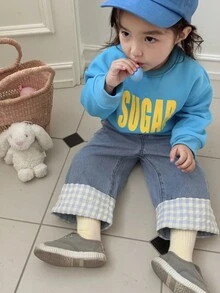 DAZY Toddler Girls' Lace Patchwork Loose Fit Denim Pants, Korean Style - Light Wash - View 4
