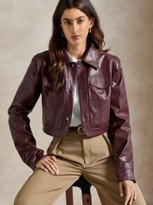 Briarwyn Áo khoác thời trang nữ tay dài bằng da PU màu trơn, cài nút đơn, quần áo mùa thu cho nữ, trở lại trường, áo khoác mùa đông phong cách cổ điển cho nữ, quần áo cổ điển cho nữ, trang phục dạo phố cho nữ - Màu Đỏ Sâu - Xem 6