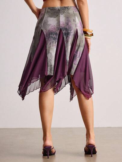 Grunge Punk Oriental Floral & Botanical Fiber Splatter Ink Vintage Paper Watercolor Effect Asymmetrical Print Women Skirt