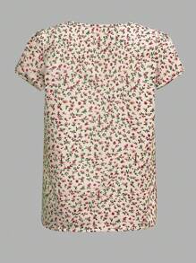 Women Summer Boho Ditsy Floral Keyhole Neck Puff Cap Sleeve Fold Pleated Top - Rose Red - View 2