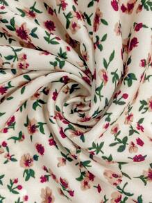 Women Summer Boho Ditsy Floral Keyhole Neck Puff Cap Sleeve Fold Pleated Top - Rose Red - View 5