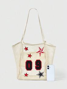 ROMWE Grunge Punk 1 件刺绣字母可折叠沙滩包，女士网眼手提包，夏季户外旅行必备 - 彩色 - 查看 3