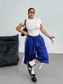 POPSWAY Quần short Bermuda dệt kim buộc dây màu đen phong cách đường phố dành cho nữ cỡ lớn, mùa xuân/hè - Xanh đậm - Xem 6