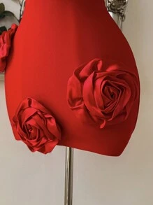 SHEIN Belle Elegant Red Handmade Large Three-Dimensional Flower Stand-Up Collar Backless Short Body Shaping Bandage Formal Dinner Cocktail Dress - Red - View 3