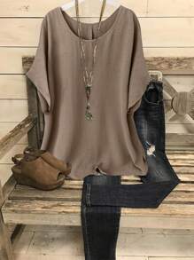 Linhara Plus Size Casual Vacation Solid Batwing Sleeve Shirt - Brown - View 1