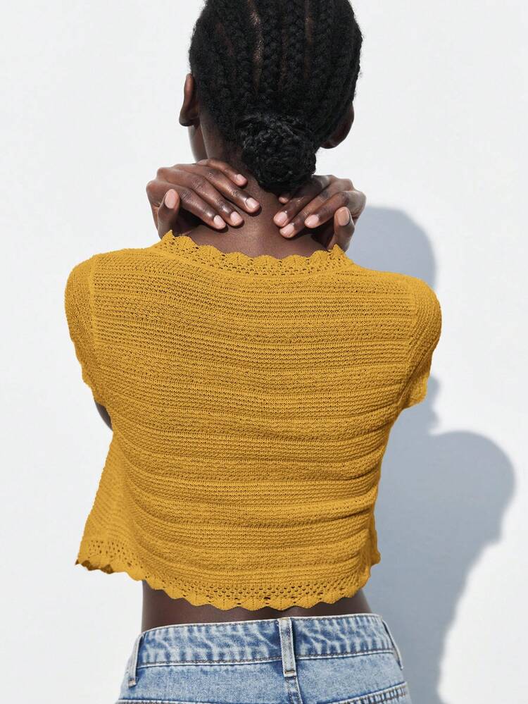 SHEIN Maija 2025 Autumn/Winter Mustard Yellow Lace Trim Front Button Knitted Cardigan, Chic Urban Commute, Party, Wedding Guest, Vintage Inspired Outerwear