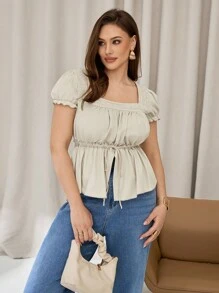 Auralis Plus-Size Women's Short-Sleeved Shirt,Elegant Beige Summer Wedding Guest Tops,Cute Y2k Funny Casual Top - Apricot - View 5