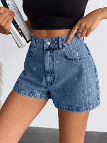EURMUSE Pantalones cortos mini de cintura alta de unicolor y minimalistas con adornos de rhinestones para mujer - Celeste - Ver 6