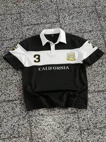 Manfinity Campus Court 男士字母印花撞色短袖休闲通勤 Polo 衫 - 彩色 - 查看 3