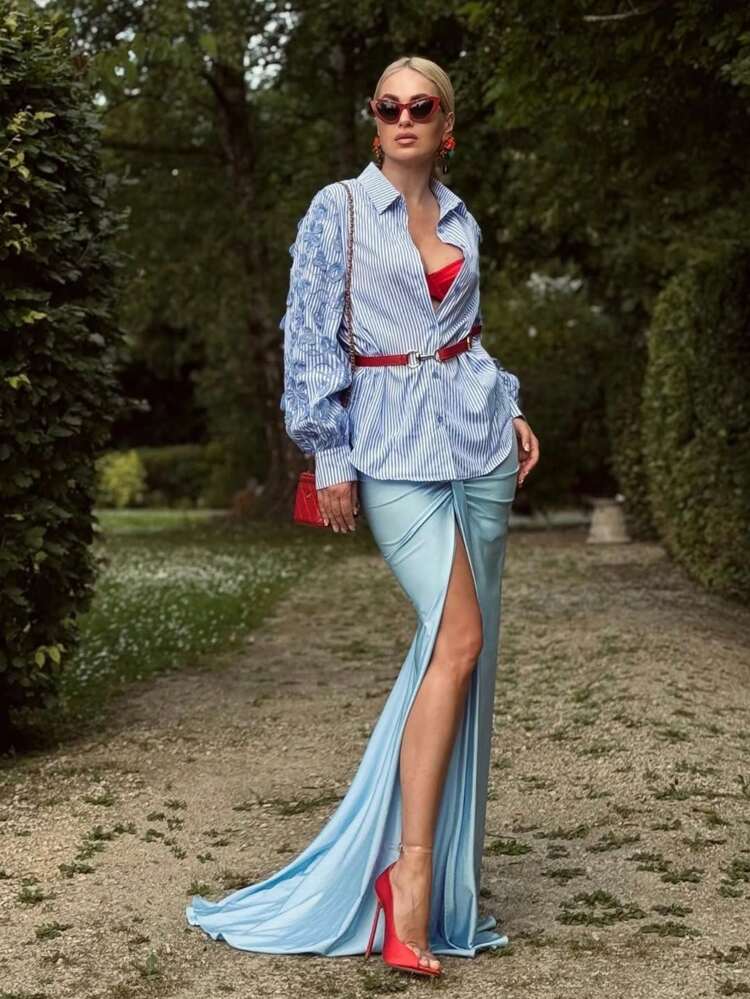 New Spring/Summer Casual Loose Fit Blue & White Striped Patchwork Embroidered Blouse, Business Casual For Women