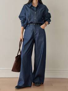 Dazy-Less 2pcs Women Casual Loose Long Sleeve Shirt And Pants Denim Suit,Fall Women Clothes - Dark Wash - View 1