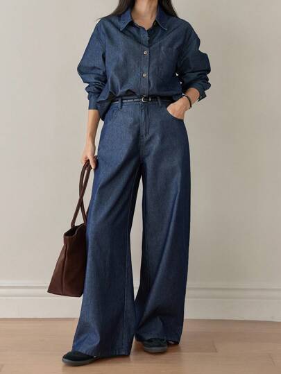 Dazy-Less 2 piezas Conjunto de camisa y pantalones de mezclilla holgados y casuales para mujer, ropa de mujer para otoño