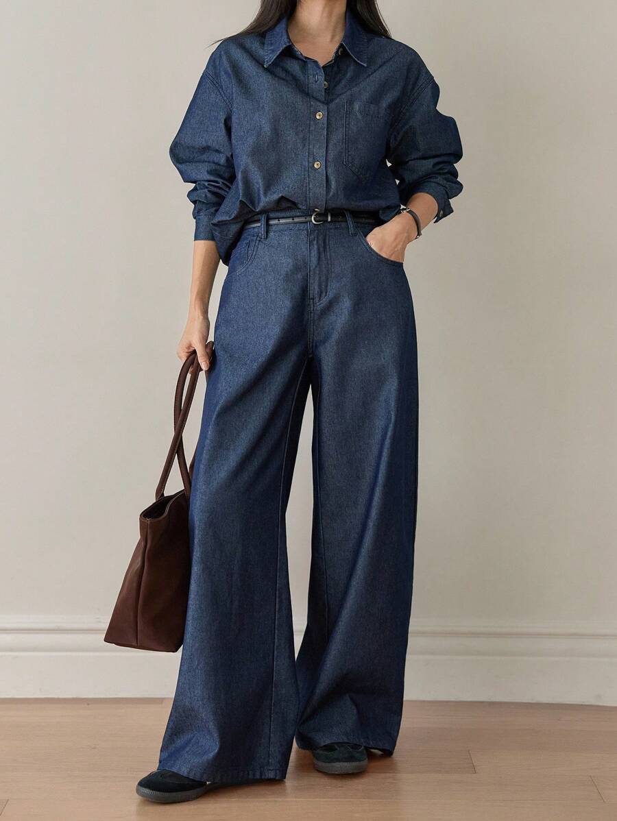 Dazy-Less 2pcs Women Casual Loose Long Sleeve Shirt And Pants Denim Suit,Fall Women Clothes - Dark Wash - View 1