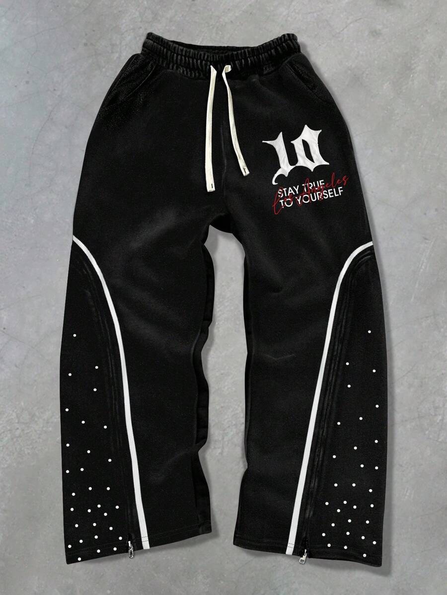 Manfinity Roghcode 男士休闲撞色边饰波尔卡圆点和字母印花抽绳运动裤黑色图案运动裤男士运动裤黑色运动裤搭配白色图案运动裤拉链图案运动裤,送给男朋友的一份好礼物,开学季 - 彩色 - 查看 1