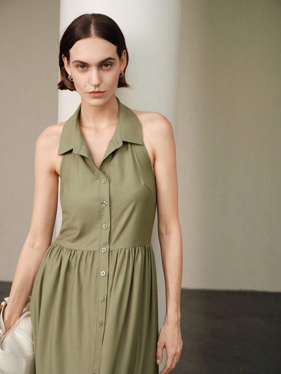 Uhlyne 女士优雅度假休闲户外日常无袖露背纽扣豌豆绿色梭织连衣裙 - 灰綠 - 查看 1