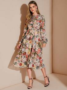 Amorya Váy midi voan họa tiết hoa thanh lịch dành cho nữ, dáng suông, phù hợp mặc hàng ngày, tiệc trà chiều và nhiều dịp khác nhau, mùa thu - Nhiều màu - Xem 4