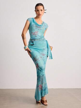 ROMWE Avant Conjunto de dos piezas con camisola de unicolor con superposición de malla con estampado floral vintage Y2K, adornado con lentejuelas y cuentas