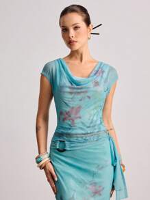 ROMWE Avant Y2K Vintage Floral Print Mesh Overlay Sequin Beaded Solid Color Camisole Two Pieces Set - Baby Blue - View 4
