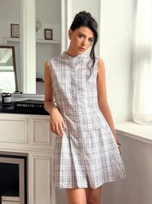 Chiquease 女士夏季格子无袖单排扣褶裥迷你连衣裙 格子连衣裙 女士纽扣衬衫裙 无袖衬衫裙 夏季连衣裙 清爽格子季装 大学校园 - 卡其色 - 查看 3