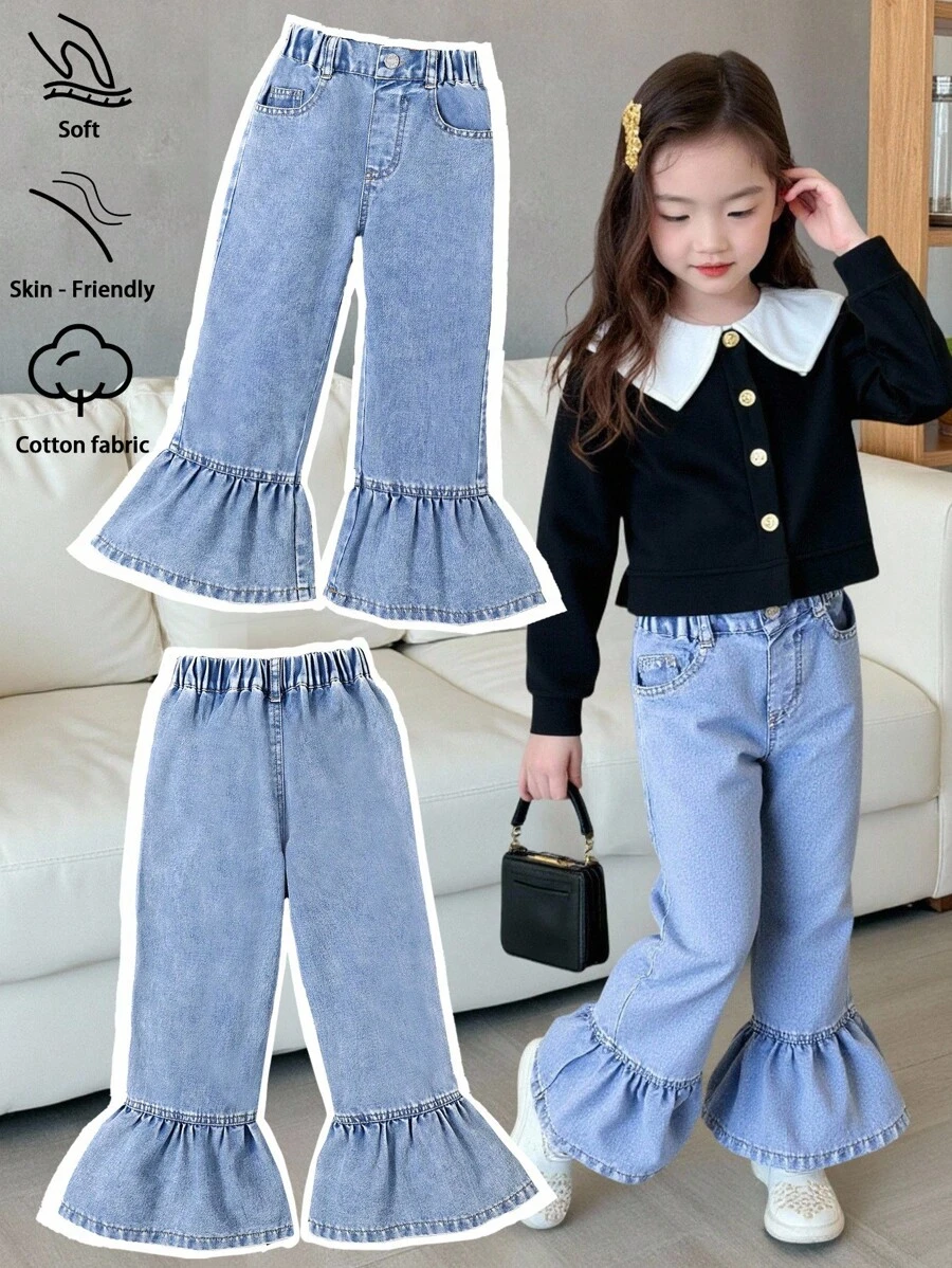 Young Girls Flare Leg Jeans With Ruffle Hem, Cute & Casual Loose Fit, Soft & Comfortable, Versatile For Pairing With Sweatshirts & T-Shirts, Lightweight Denim Pants Suitable For Spring & Autumn - Medium Wash - View 1