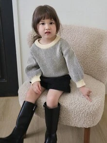 DAZY 女童条纹长袖韩版毛衣，秋冬 - 杏色 - 查看 3