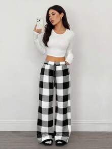 SHEIN PETITE Women's Tie-Waist Fluffy Plaid Print Casual Wide Leg Baggy Pants Black And White Plaid Lounge Pants,Fall Clothes For Women, Going Out Bottoms,Elegant,Civil Wedding,Wedding Guest , Party,Home, Leisure, Comfort Upgrade,Striped Design,Check ,Sporty, Multifunctional