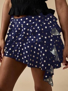 MISSGUIDED Minifalda de lunares con volante asimétrico y detalle de volantes, estilo ligero y fluido para fiestas, festivales y eventos de primavera y verano