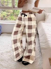 SHEIN EZwear Women's Tie-Waist Fluffy Plaid Print Casual Wide Leg Baggy Pants,Fall - Brown - View 5