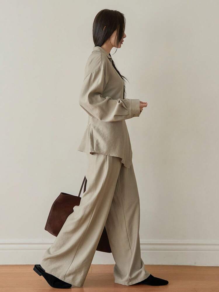 2pcs Women's Casual Business Commute Outfit, Asymmetric Hem Drawstring Tie Shirt Style Top And Straight Leg Pants Set, Autumn,Fall Women Clothes