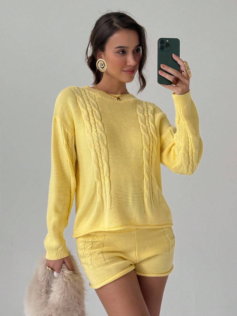 Aloruh Women's Twist Cable Pattern Drop Shoulder Long Sleeve Sweater And Knit Shorts Casual 2 Pieces Set In Fall/Winter - Yellow - View 1