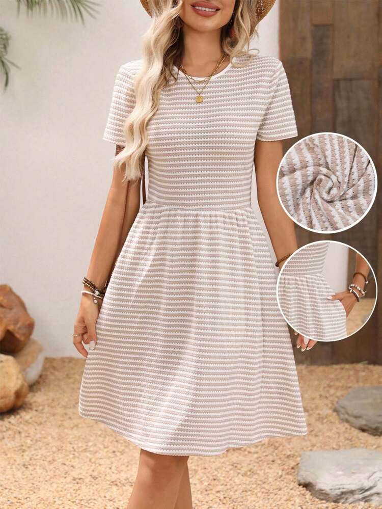 Ladies' Summer Round Neck Floral Print A-Line Short Elegant Dress Striped Summer Dress Casual Summer Dress Fit And Flare Dress