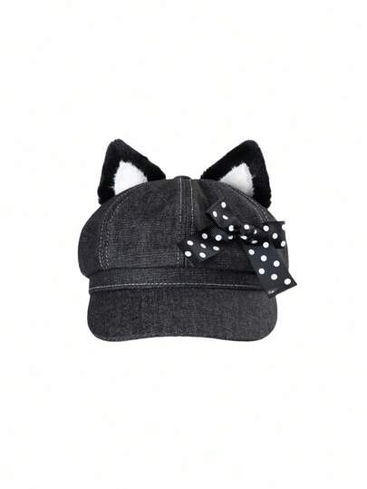 Anime Cat Ear Polka Dot Bow Octagonal Hat Beret Cap, Fashion Casual Versatile Black Newsboy Hat Sun Hat, Suitable For Vacation, Party, Social Occasions