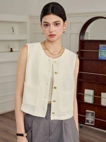 DAZY Women's Casual Sleeveless Solid Color Round Neck Fitted Jacket, Autumn Vest - Beige - View 8