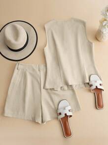 Franclia Bộ đồ 2 món áo khoác cardigan không tay thoải mái cho kỳ nghỉ đại học dành cho nữ - Màu be - Xem 2