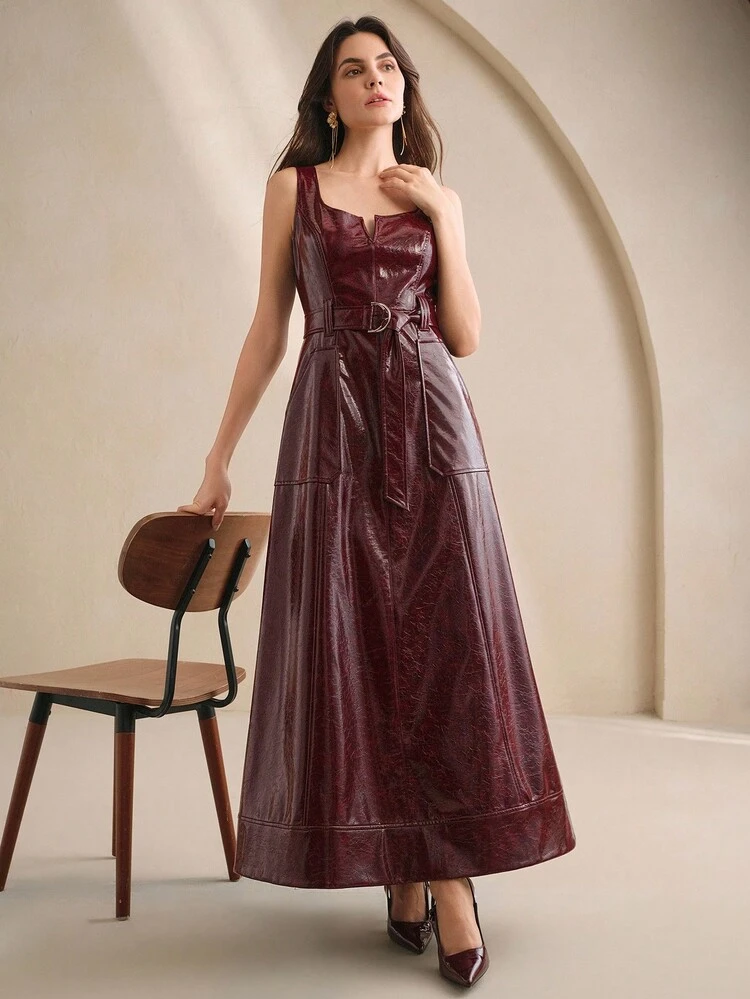 Women's Autumn/Winter Chic Halloween PU Burgundy Waist Flared Dress