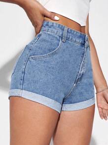 SHEIN Essnce Shorts en mezclilla bajo de doblez - Lavado ligero - Ver 3