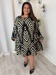 Enliva Robe longue à manches longues, imprimé géométrique confortable et ample, noir ou kaki, pour femmes grandes tailles. Vêtements d'automne et d'hiver, tenues d'hiver, robe cintrée, style bohème, robes élégantes pour femmes, robe de vacances, robe de travail, tenue d'été pour femmes