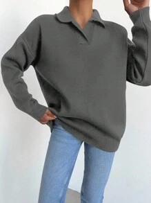 SHEIN Cottnline 女士落肩翻領毛衣 - 深灰色 - 查看 3